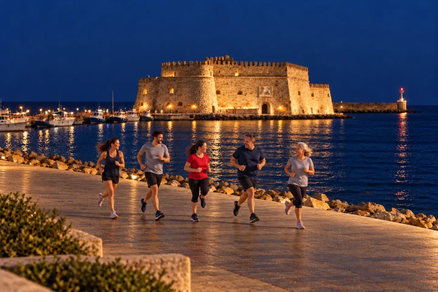 Πέντε ενήλικοι διαφορετικών ηλικιών τρέχουν σε βραδινό παραθαλάσσιο πλάνο με φόντο τον φωτισμένο Κούλε