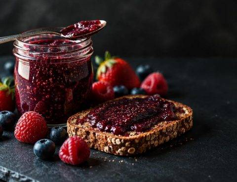 Βαζάκι με chia μαρμελάδα από berries, φρυγανιά με μαρμελάδα και φρέσκα φρούτα του δάσους