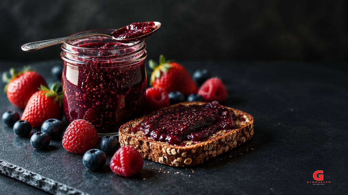 Βαζάκι με chia μαρμελάδα από berries, φρυγανιά με μαρμελάδα και φρέσκα φρούτα του δάσους