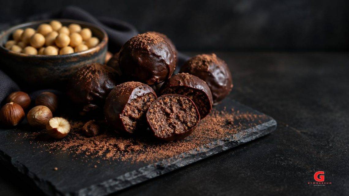Σοκολατένιες energy balls με επικάλυψη κουβερτούρας, ρεβίθια και φουντούκια σε πλάκα