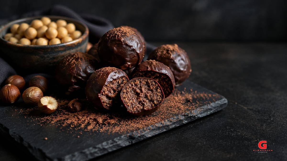 Σοκολατένιες energy balls με επικάλυψη κουβερτούρας, ρεβίθια και φουντούκια σε πλάκα