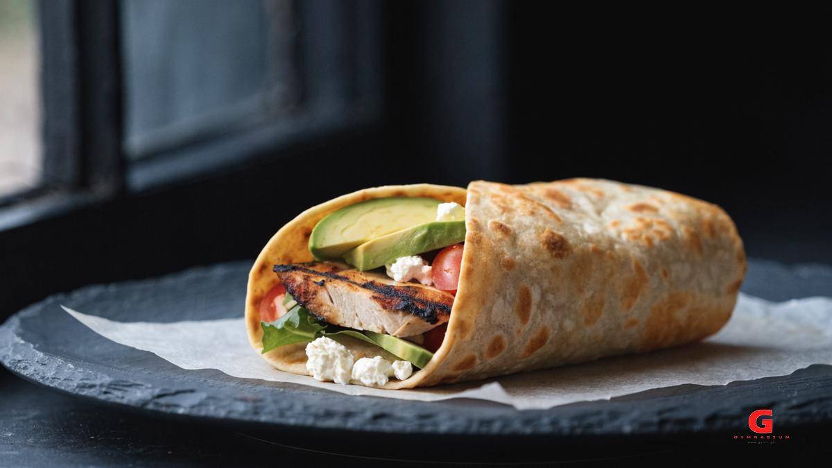 Ψημένο cottage cheese wrap σε περγαμηνή με κοτόπουλο, λαχανικά και αβοκάντο