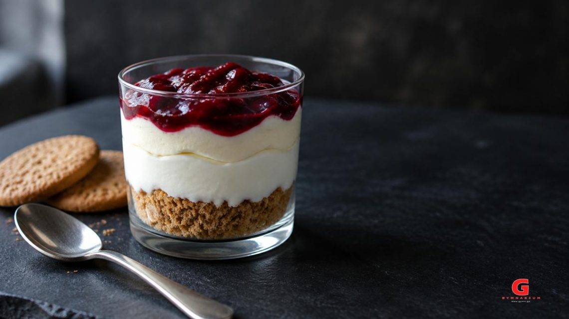 Γιαούρτι τύπου cheesecake σε ποτήρι με βάση από μπισκότο και μαρμελάδα από πάνω