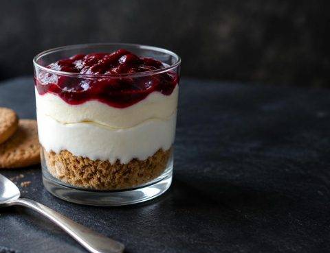Γιαούρτι τύπου cheesecake σε ποτήρι με βάση από μπισκότο και μαρμελάδα από πάνω