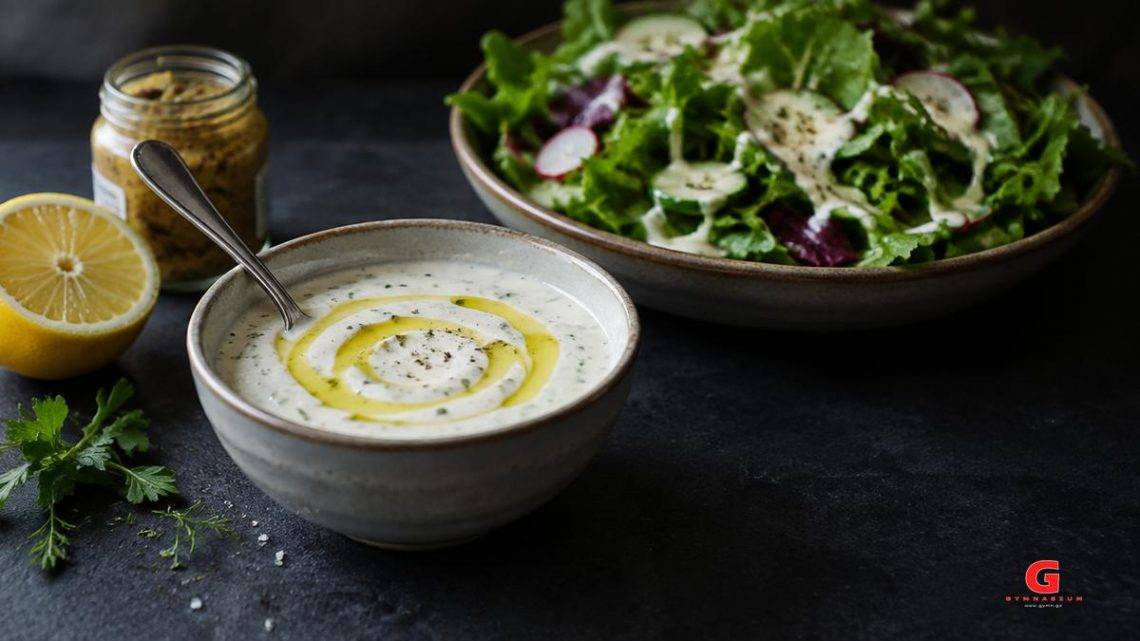 Μπολ με dressing γιαουρτιού, λεμόνι, μουστάρδα και πράσινη σαλάτα