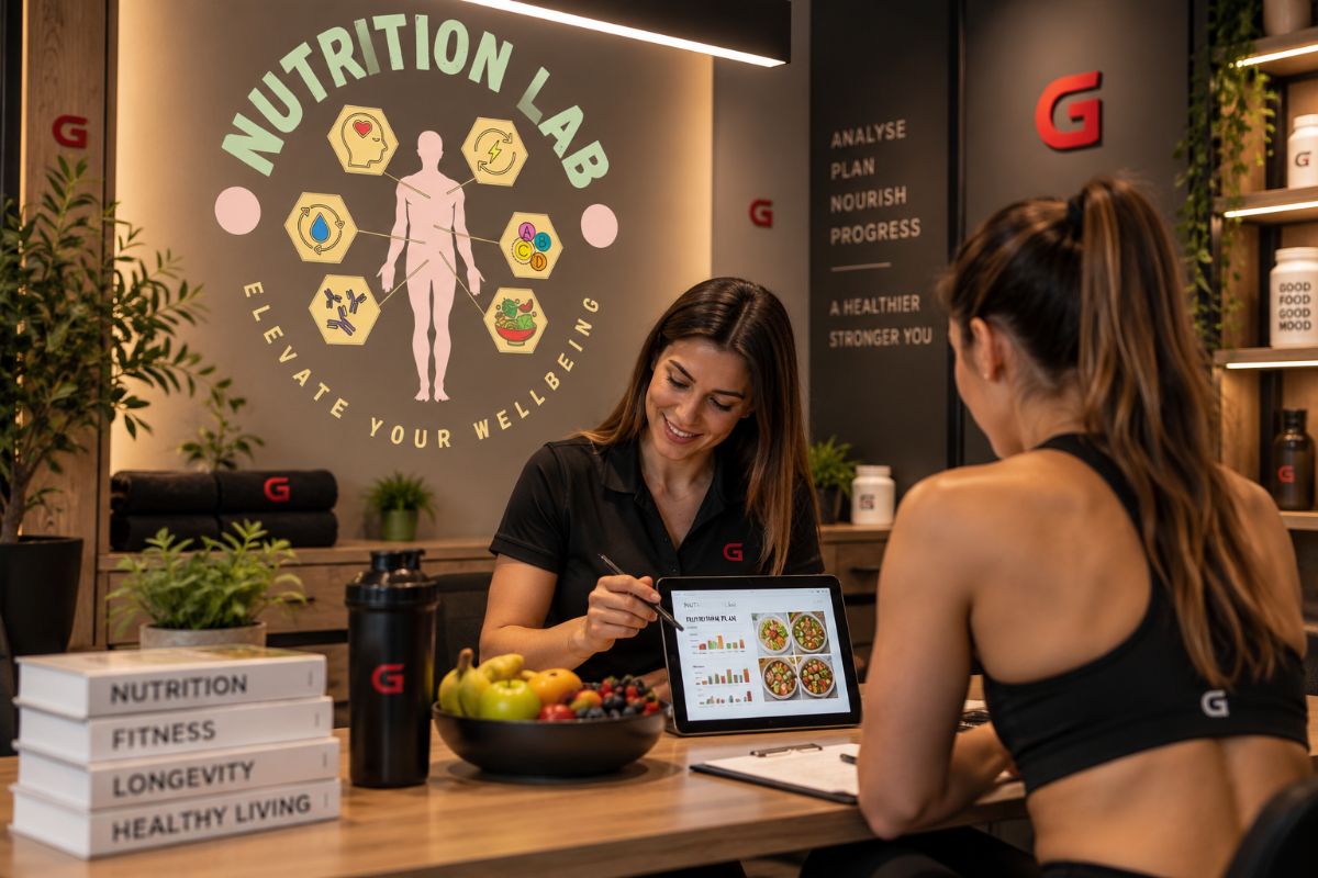 Διατροφολόγος του Nutrition Lab στο Gymnasium κάνει μέτρηση σύστασης σώματος